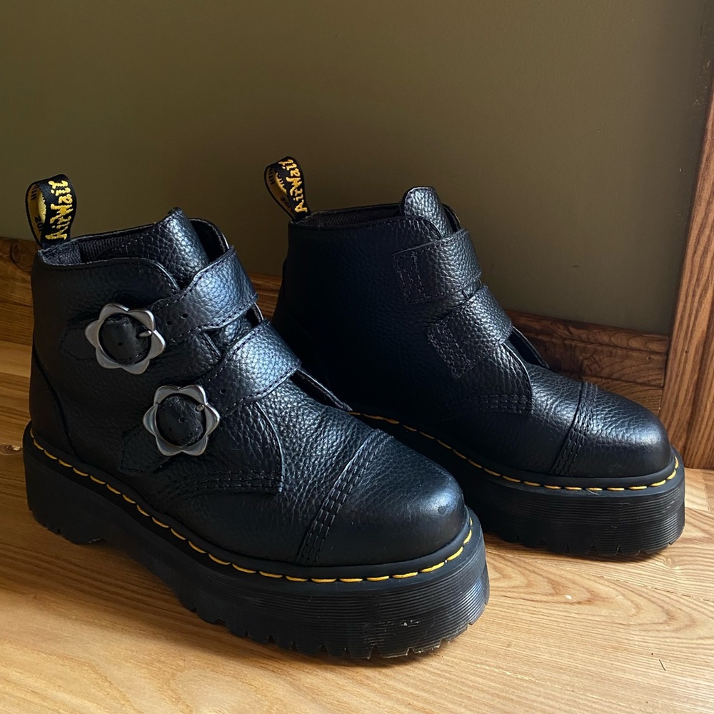 Dr Martens Devon Flower Buckle Leather Platform Boots